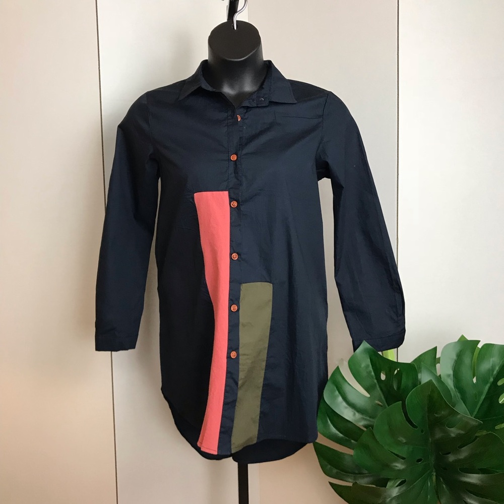 5 Trendy Navy & Peach Color Block Button Up Shirt